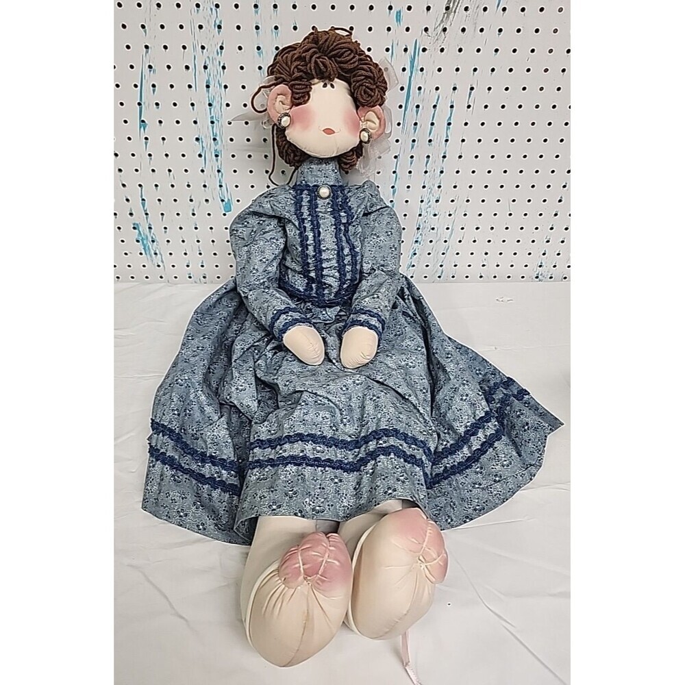 Vintage Handmade Rag Doll 24" Embroidered Cream Dress Black Hair Cloth